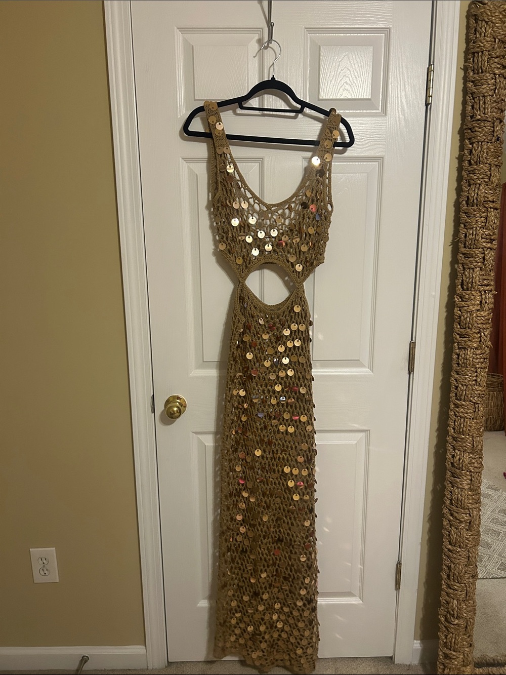 superdown Gold Sequin Crochet Cutout Maxi Coverup